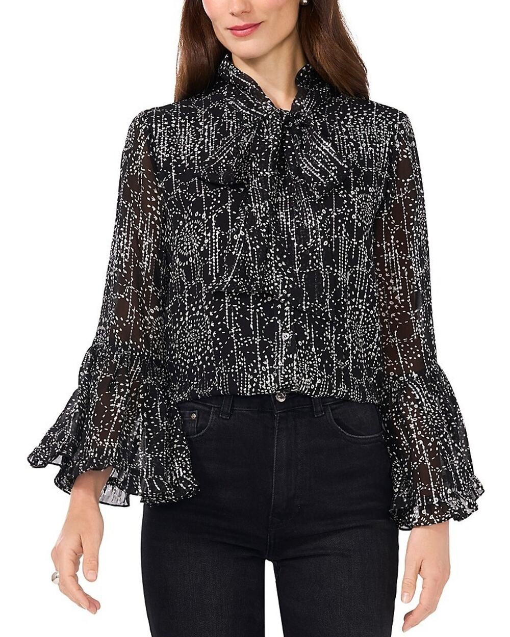 Vince Camuto Women's Printed Tie-Neck Flare-Sleeve Top Black Size XL 4025